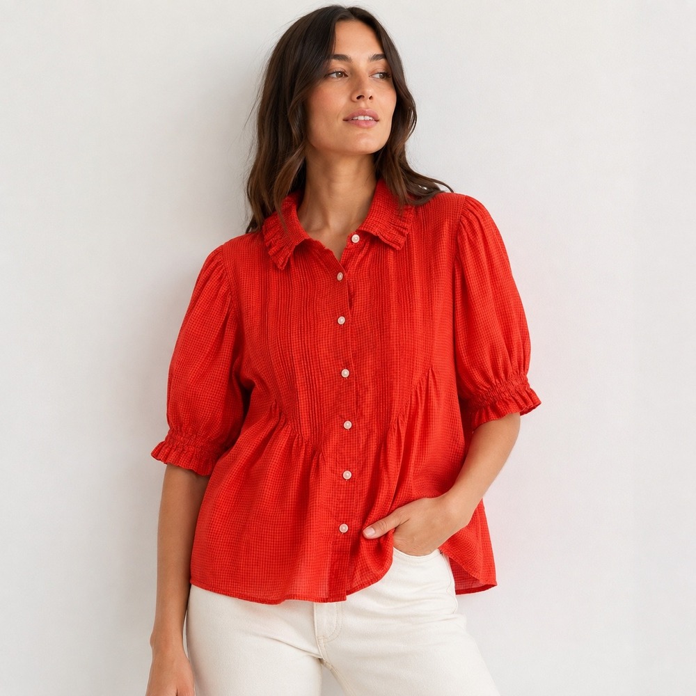 Trovata Birds of Paradis Jess Blouse Women L Red Gingham Ruffle Collar Feminine
